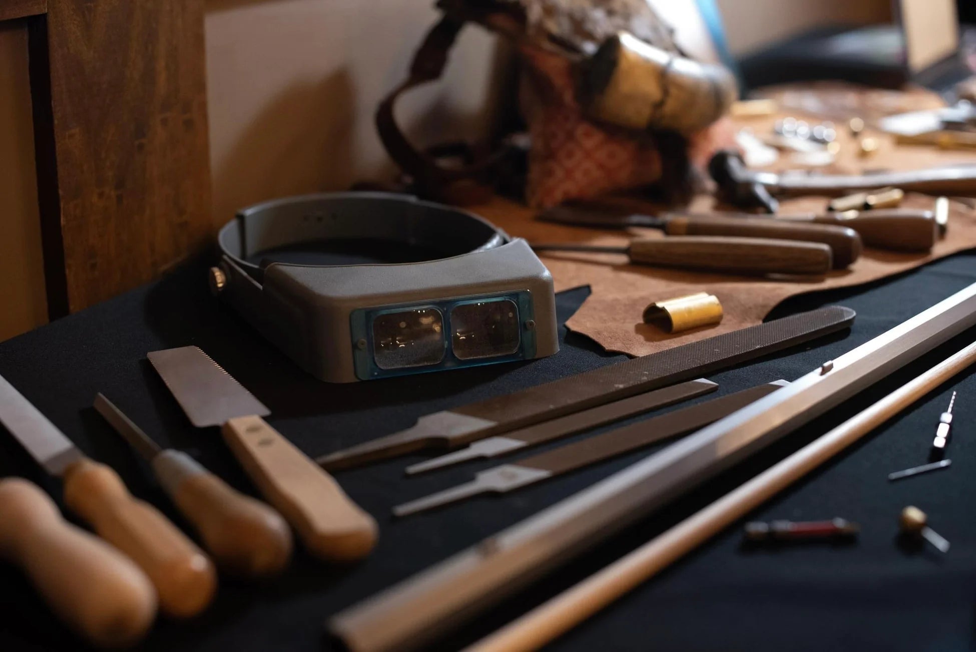 Set of tools on a table with a blurred background
